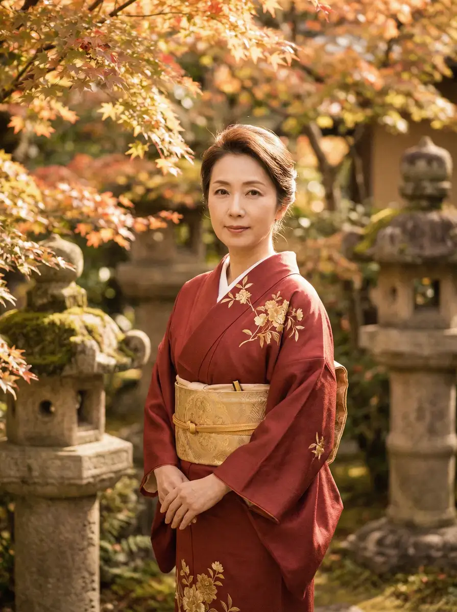 一位身穿暗红色和服的优雅 大稥焦伊人一本dao 在日式庭院中